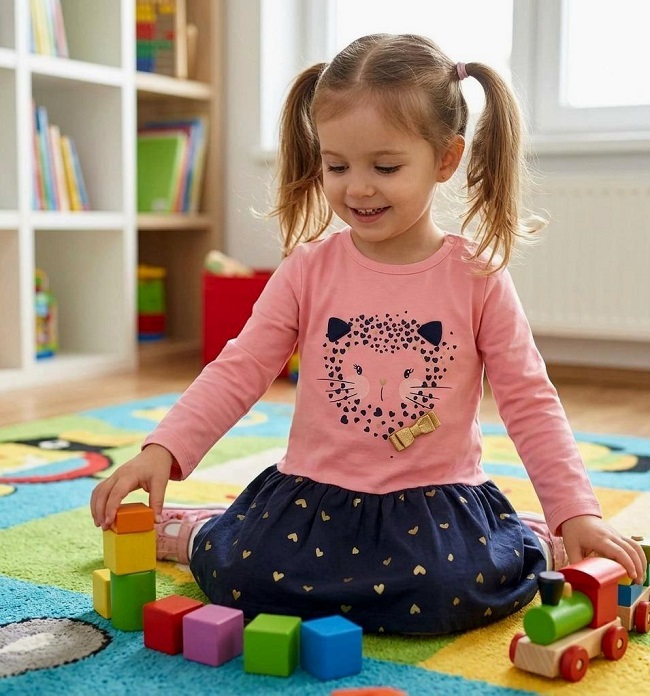 Detské šaty dlhý rukáv ružové s modrou sukničkou veľ. 92