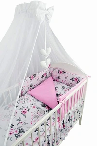 4 dielna sada s baldachýnom (mantinel 180 cm, obliečky 120x90 cm) biela s ružovou - Lapače snov