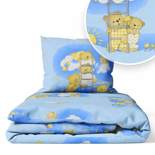 Obliečky do postieľky modré - Macko na rebríku, 120x90 cm